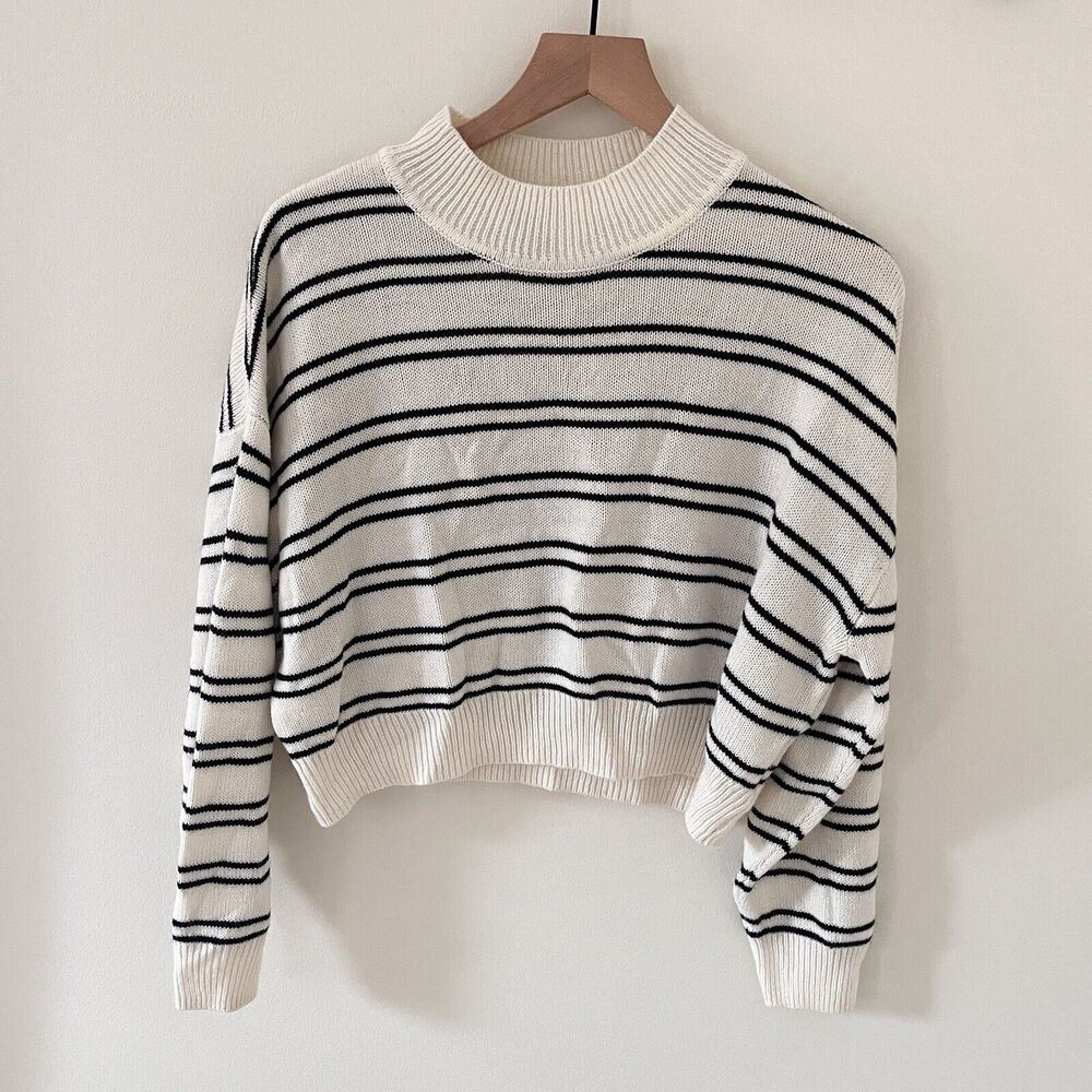H&M Black Cream Stripe Cropped Mock Neck Sweater - Medium